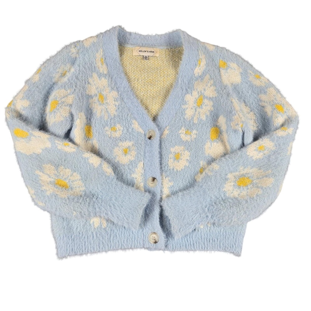 Willow & Wind Daisy Floral Cardigan Sweater Womens XS Blue Fuzzy Eyelash Knit